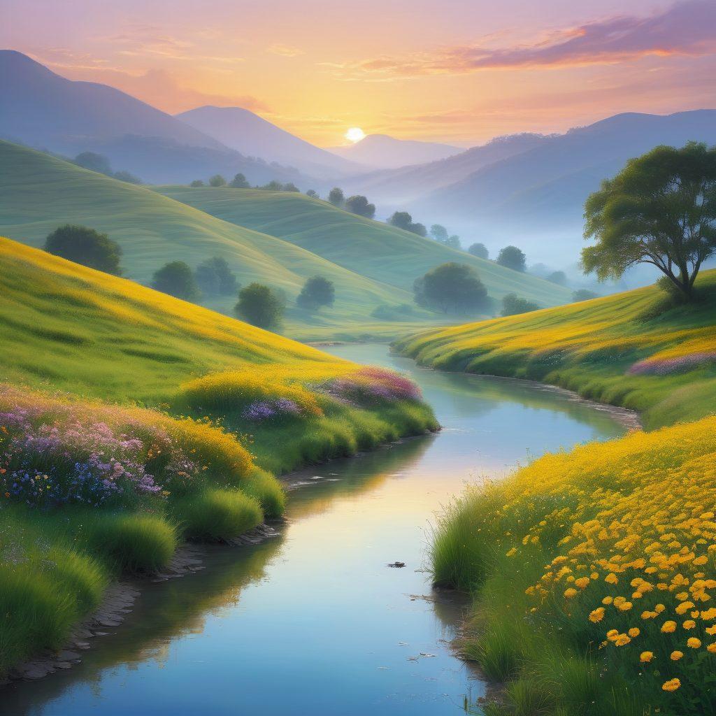 A serene landscape featuring soft, flowing hills under a pastel sky, dotted with gentle silhouettes of people engaging in joyful activities. Include elements of nature, such as blooming flowers and tranquil water reflecting the colors of happiness. Incorporate various shades of yellow, green, and blue to symbolize well-being and joy. Capture the essence of subtle emotions through soft light and harmonious composition. super-realistic. vibrant colors. tranquil atmosphere.