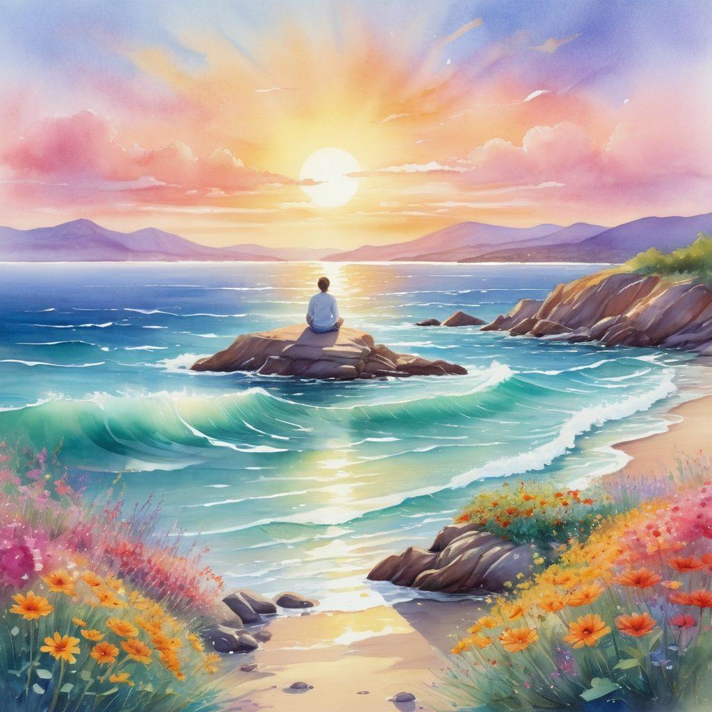 A serene landscape transitioning from a bright, joyful scene with vibrant flowers and a lively sun on one side, to a calm, tranquil scene with gentle waves lapping on a peaceful shore and soft pastel colors on the other. Include a person meditating in the center, symbolizing the journey from elation to contentment. ethereal lighting. watercolor style. harmonious colors.