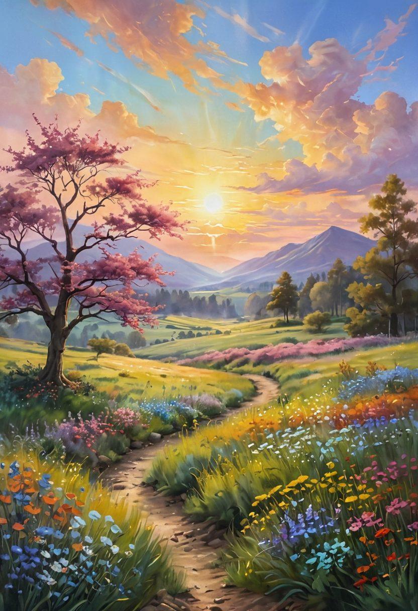 A serene landscape featuring a sunrise over a meadow filled with blooming flowers in vibrant colors, symbolizing the essence of cheerfulness. Include gentle rays of sunlight breaking through the clouds, illuminating a diverse group of people sharing smiles and laughter while engaging in joyful activities like painting and yoga. The scene embodies warmth and optimism, evoking a sense of mindfulness and positivity. soft pastel colors. painting.